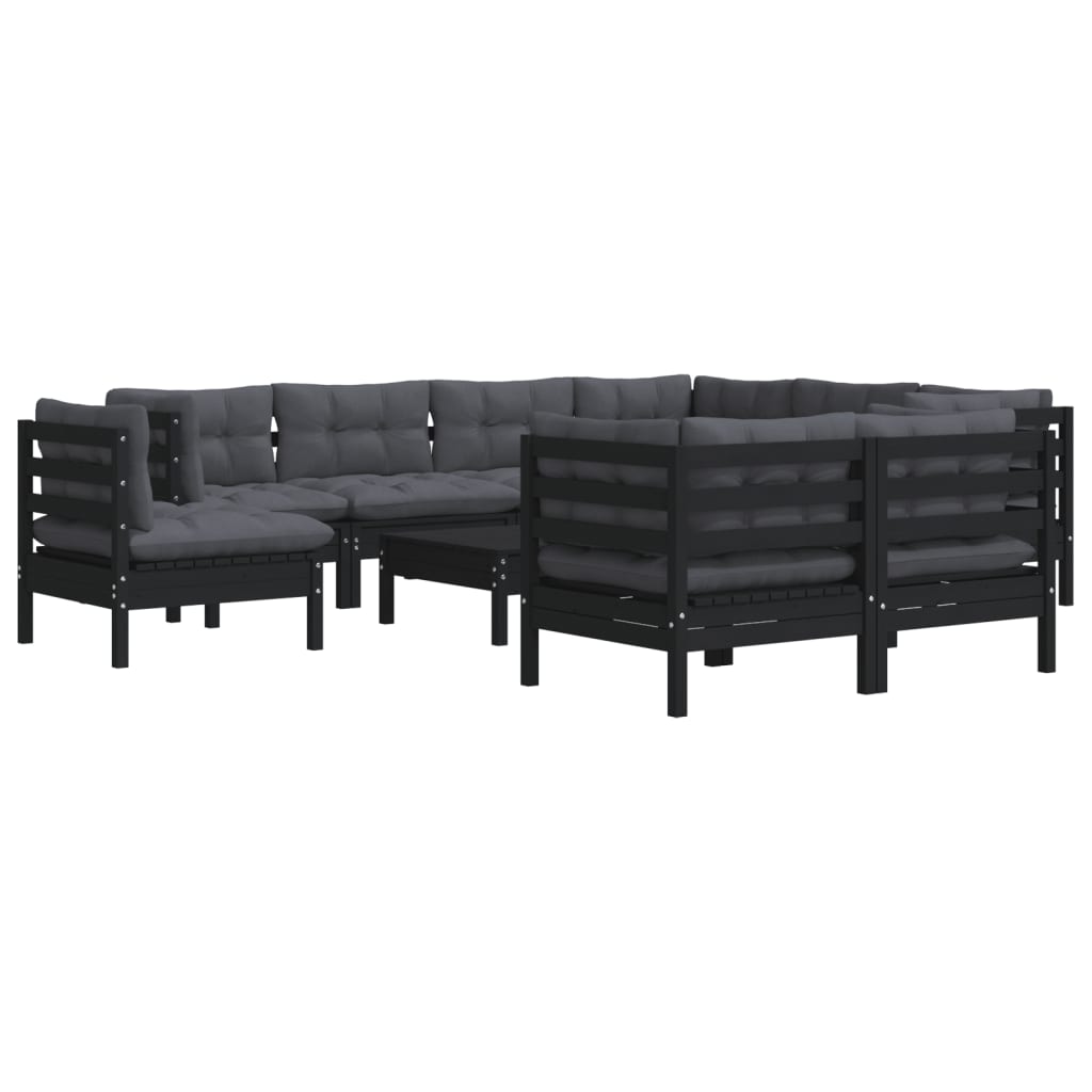 vidaXL 10 Piece Garden Lounge Set with Cushions Black Solid Pinewood