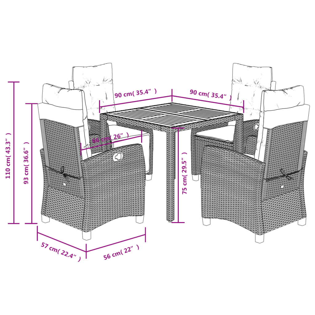 vidaXL 5 Piece Garden Dining Set with Cushions Black Poly Rattan