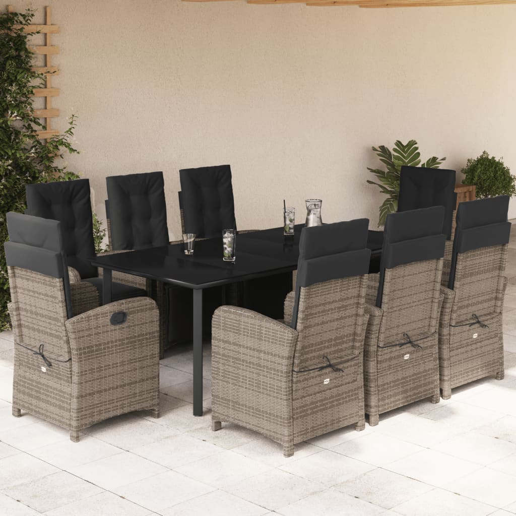 vidaXL 9 Piece Garden Dining Set with Cushions Grey Poly Rattan