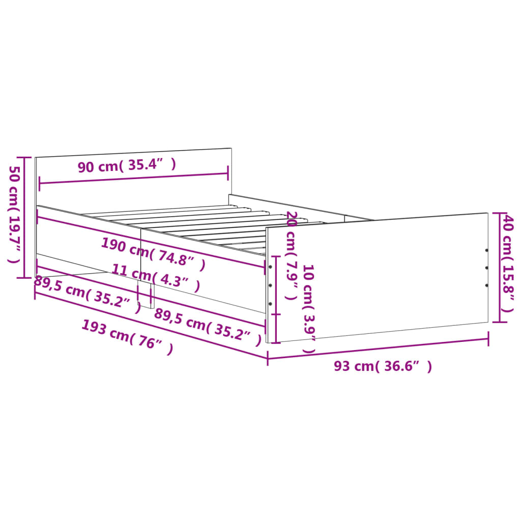 vidaXL Bed Frame without Mattress Black 90x190 cm Single Engineered Wood