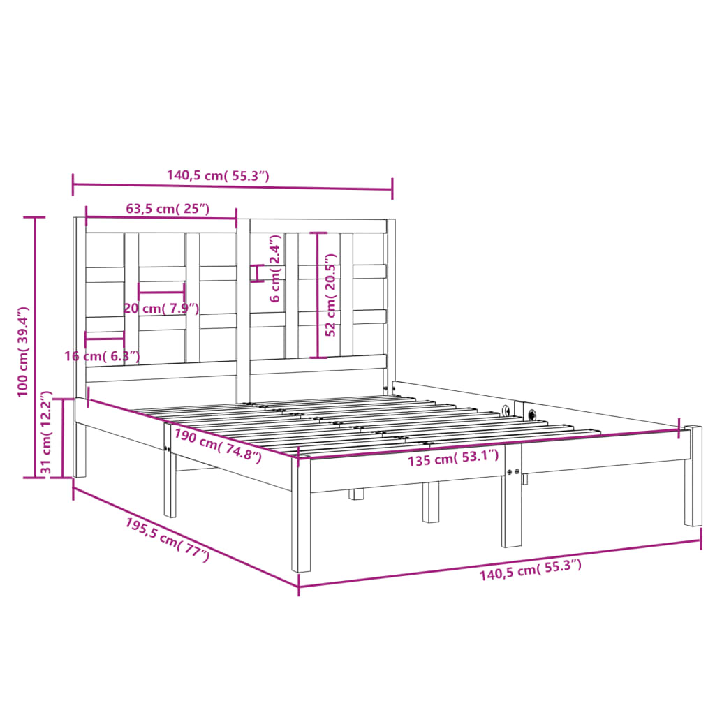 vidaXL Bed Frame without Mattress 135x190 cm Double Solid Wood