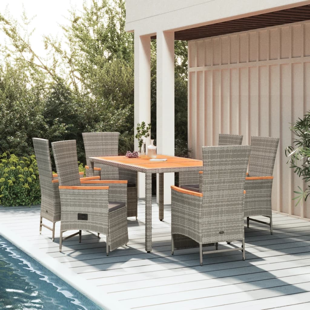 vidaXL 7 Piece Garden Dining Set with Cushions Grey Poly Rattan