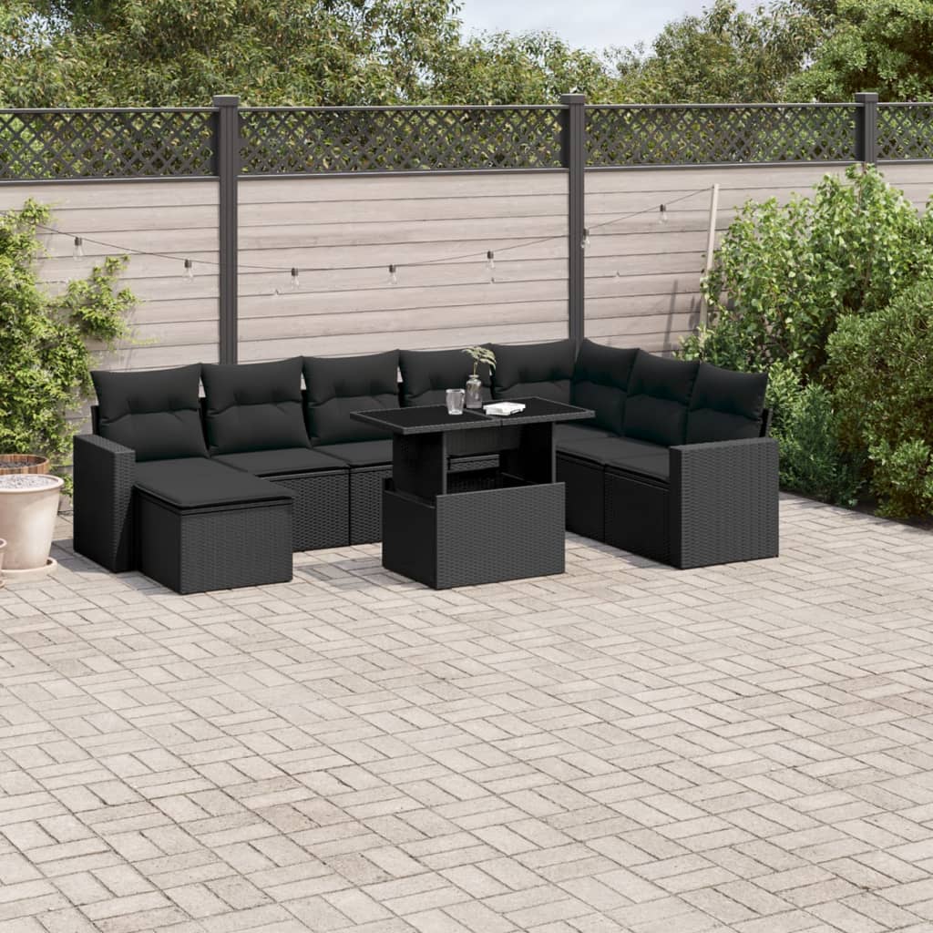 vidaXL 9 Piece Garden Sofa Set with Cushions Black Poly Rattan