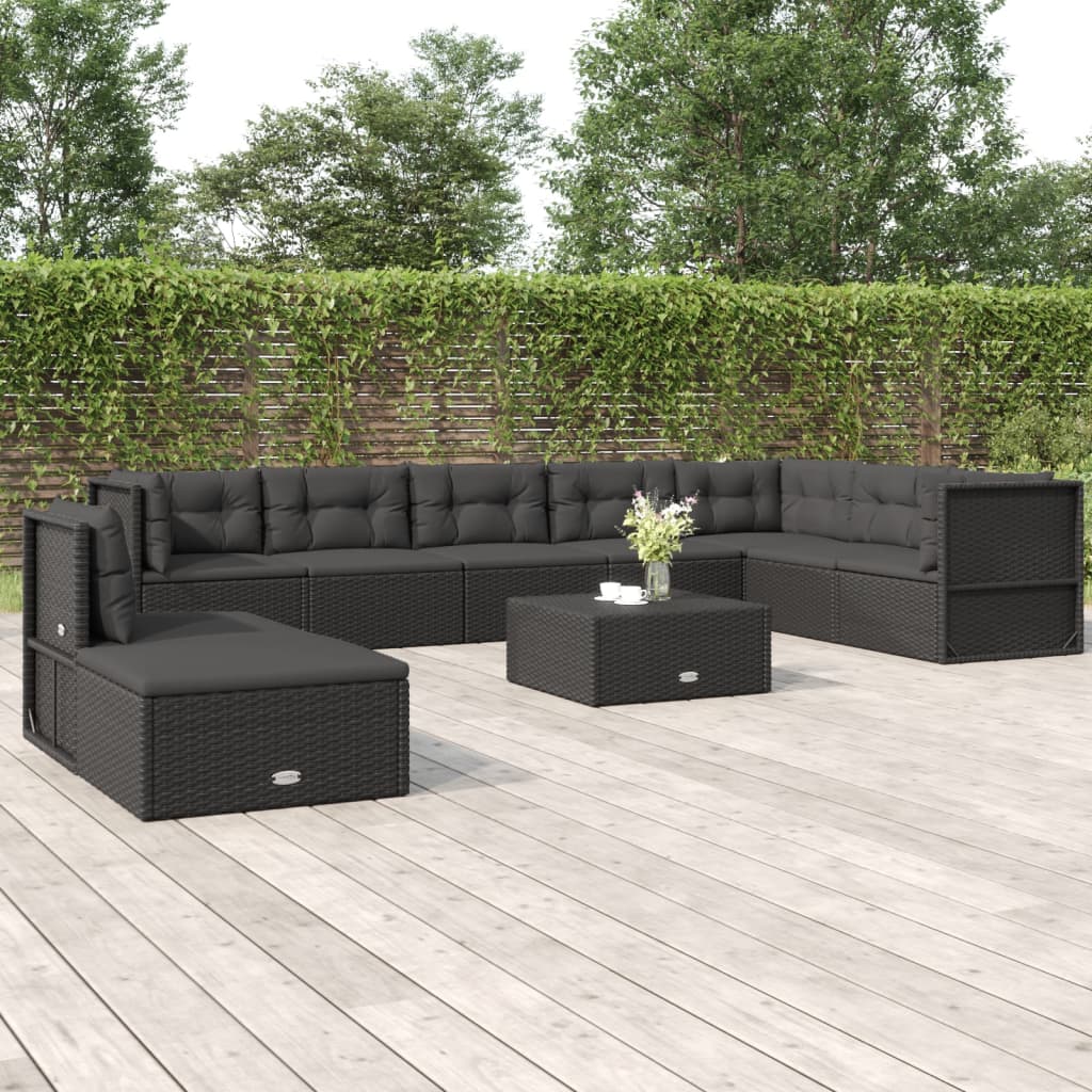 vidaXL 9 Piece Garden Lounge Set with Cushions Black Poly Rattan