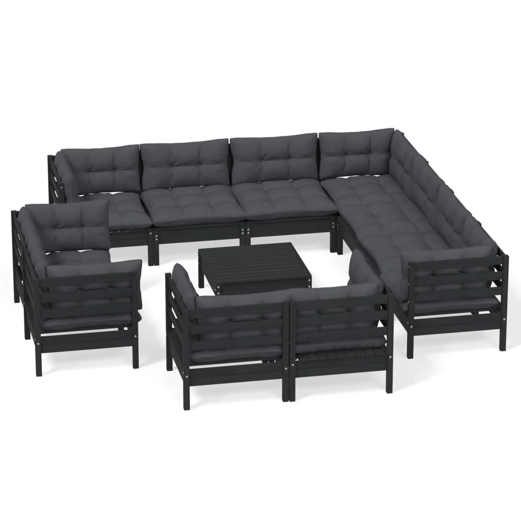 vidaXL 12 Piece Garden Lounge Set with Cushions Black Solid Pinewood