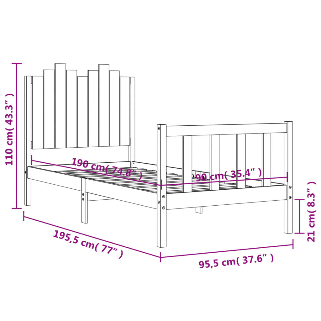 vidaXL Bed Frame without Mattress Black 90x190 cm Single Solid Wood Pine