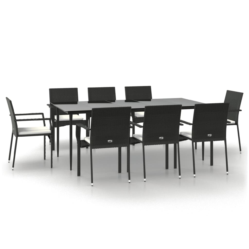 vidaXL 9 Piece Garden Dining Set with Cushions Black Poly Rattan