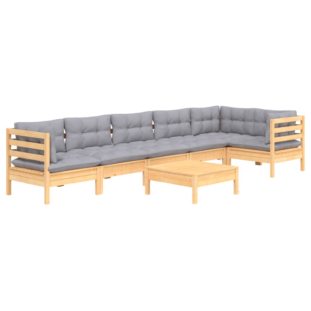 vidaXL 7 Piece Garden Lounge Set with Grey Cushions Pinewood