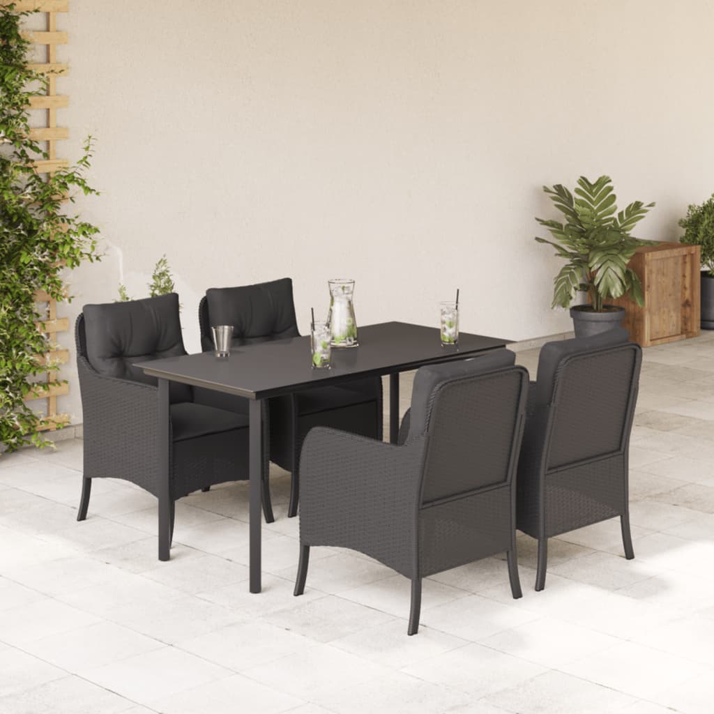 vidaXL 5 Piece Garden Dining Set with Cushions Black Poly Rattan