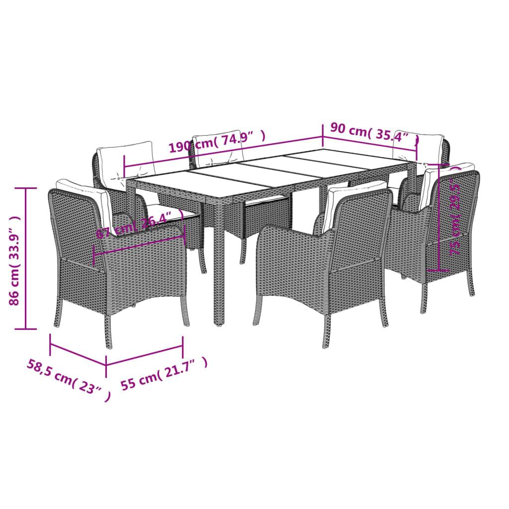 vidaXL 7 Piece Garden Dining Set with Cushions Grey Poly Rattan