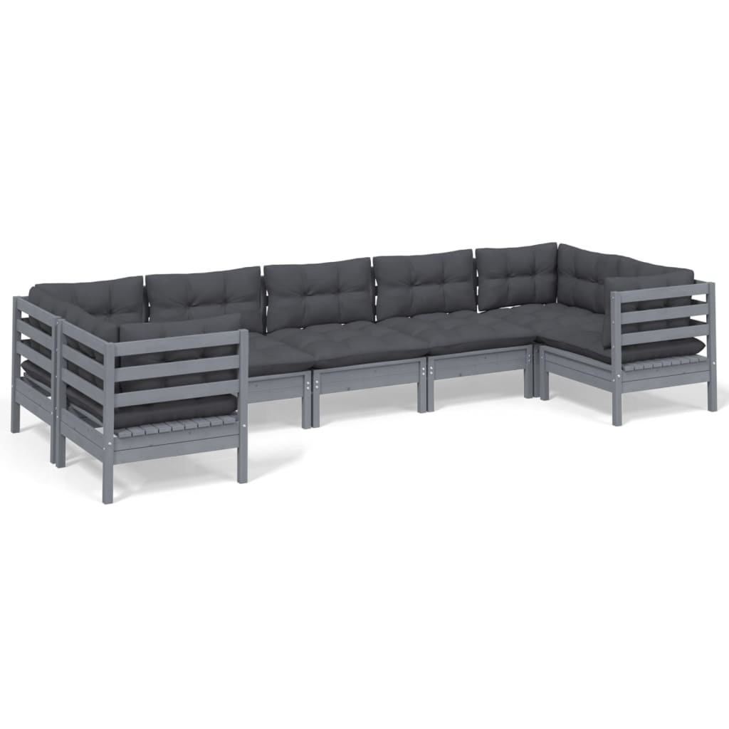 vidaXL 7 Piece Garden Lounge Set with Cushions Grey Pinewood