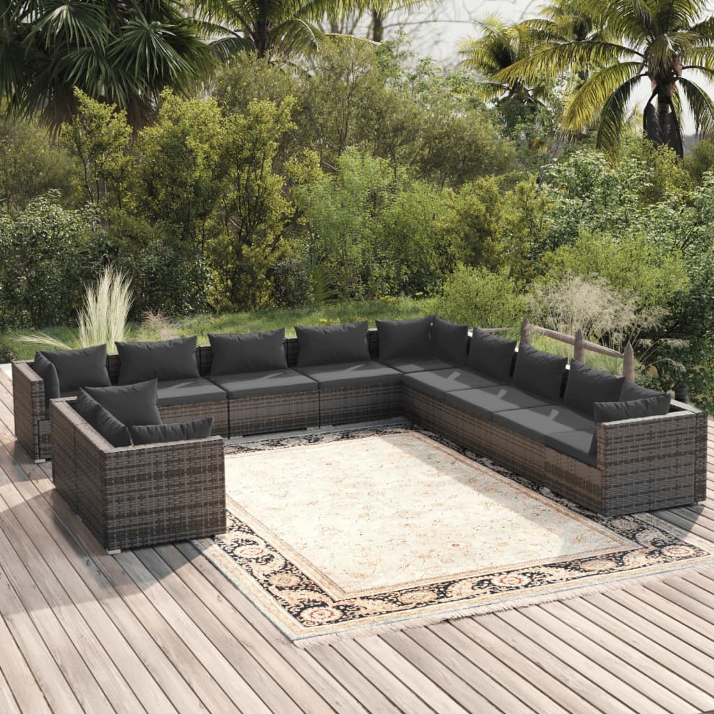 vidaXL 11 Piece Garden Lounge Set with Cushions Grey Poly Rattan