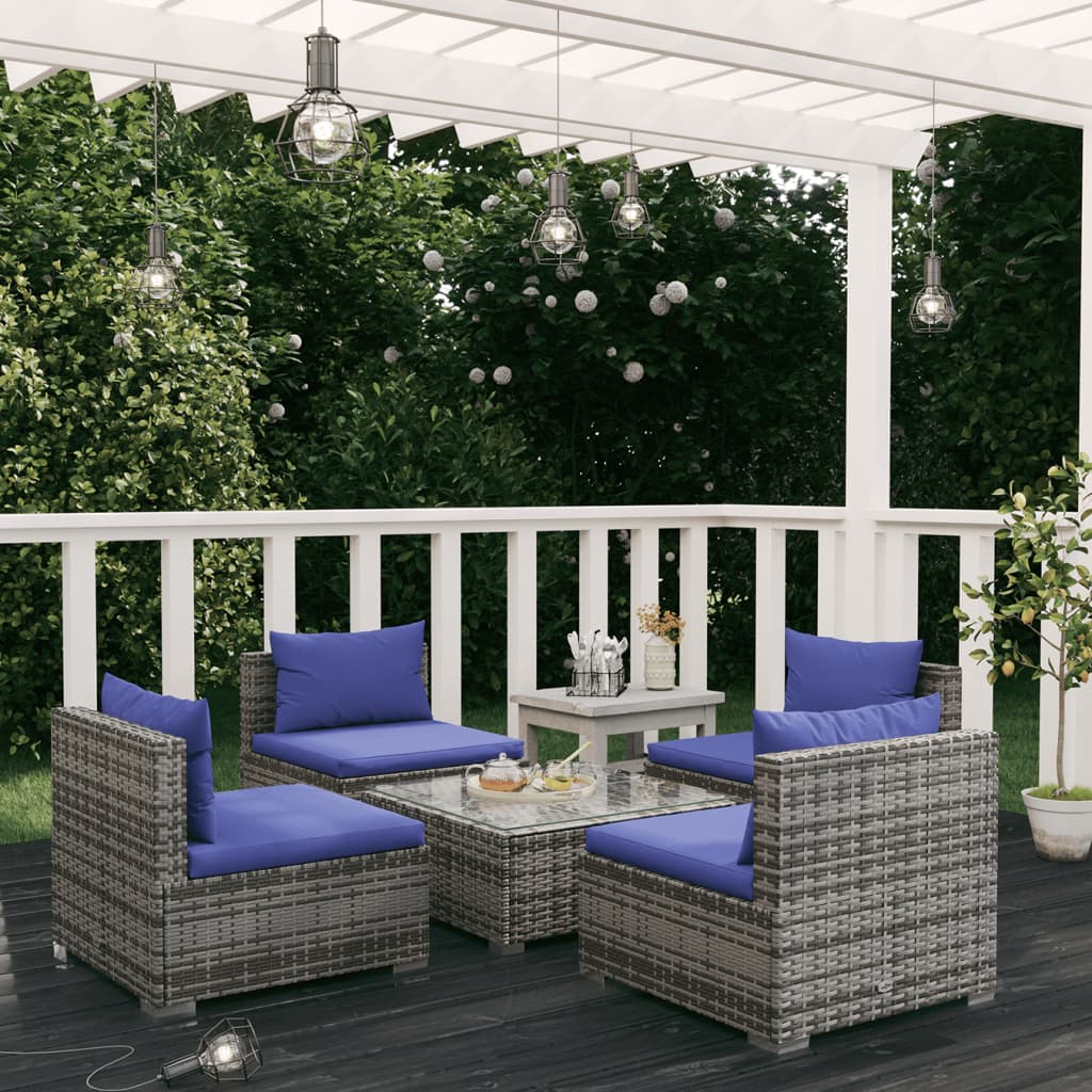 vidaXL 5 Piece Garden Lounge Set with Cushions Poly Rattan Grey