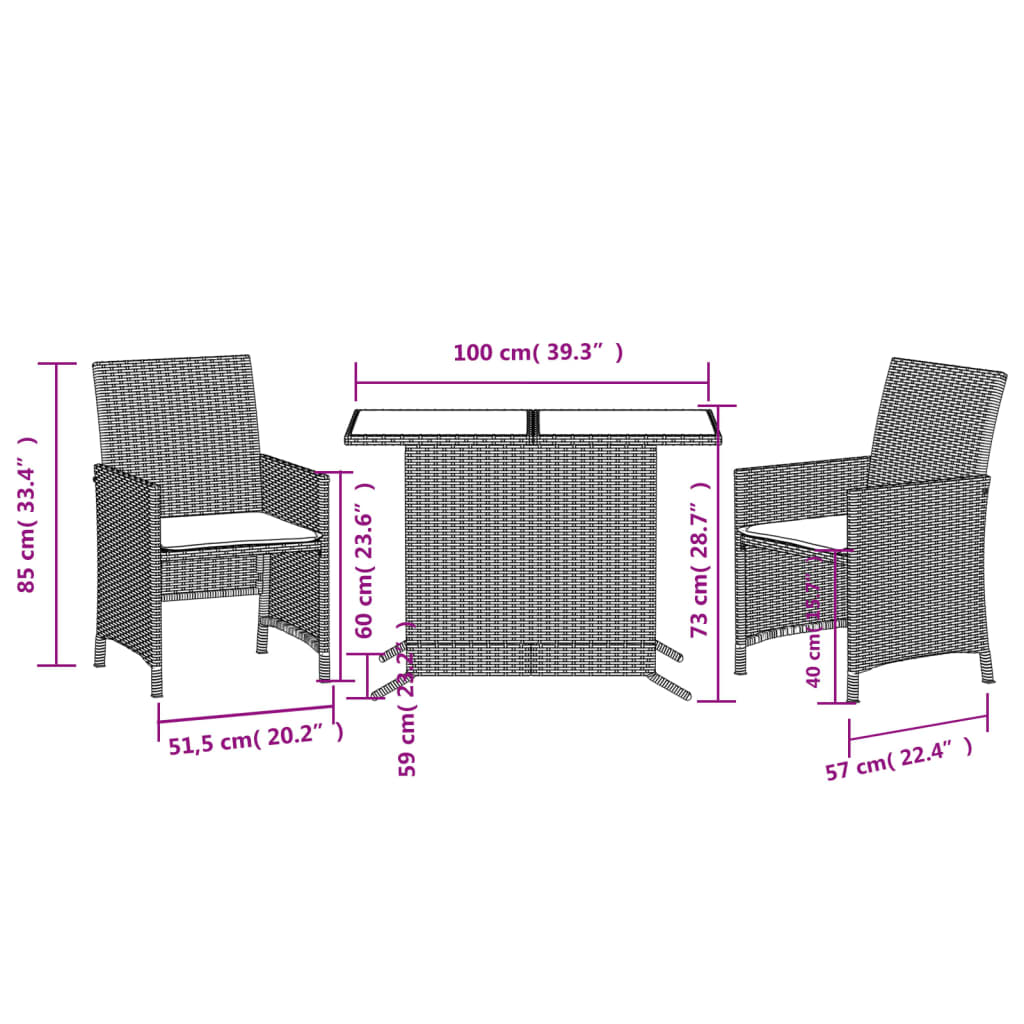 vidaXL 3 Piece Bistro Set with Cushions Black Poly Rattan