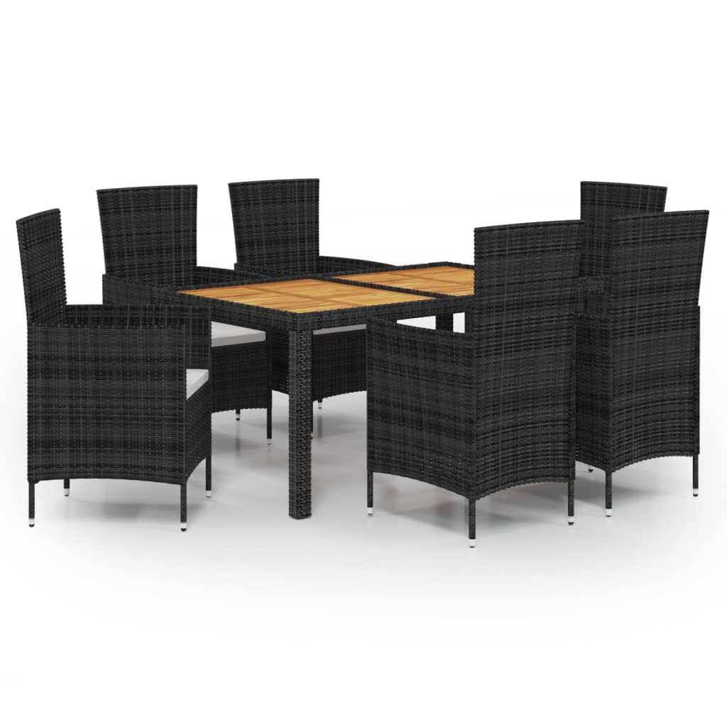 vidaXL 7 Piece Outdoor Dining Set with Cushions Poly Rattan Black