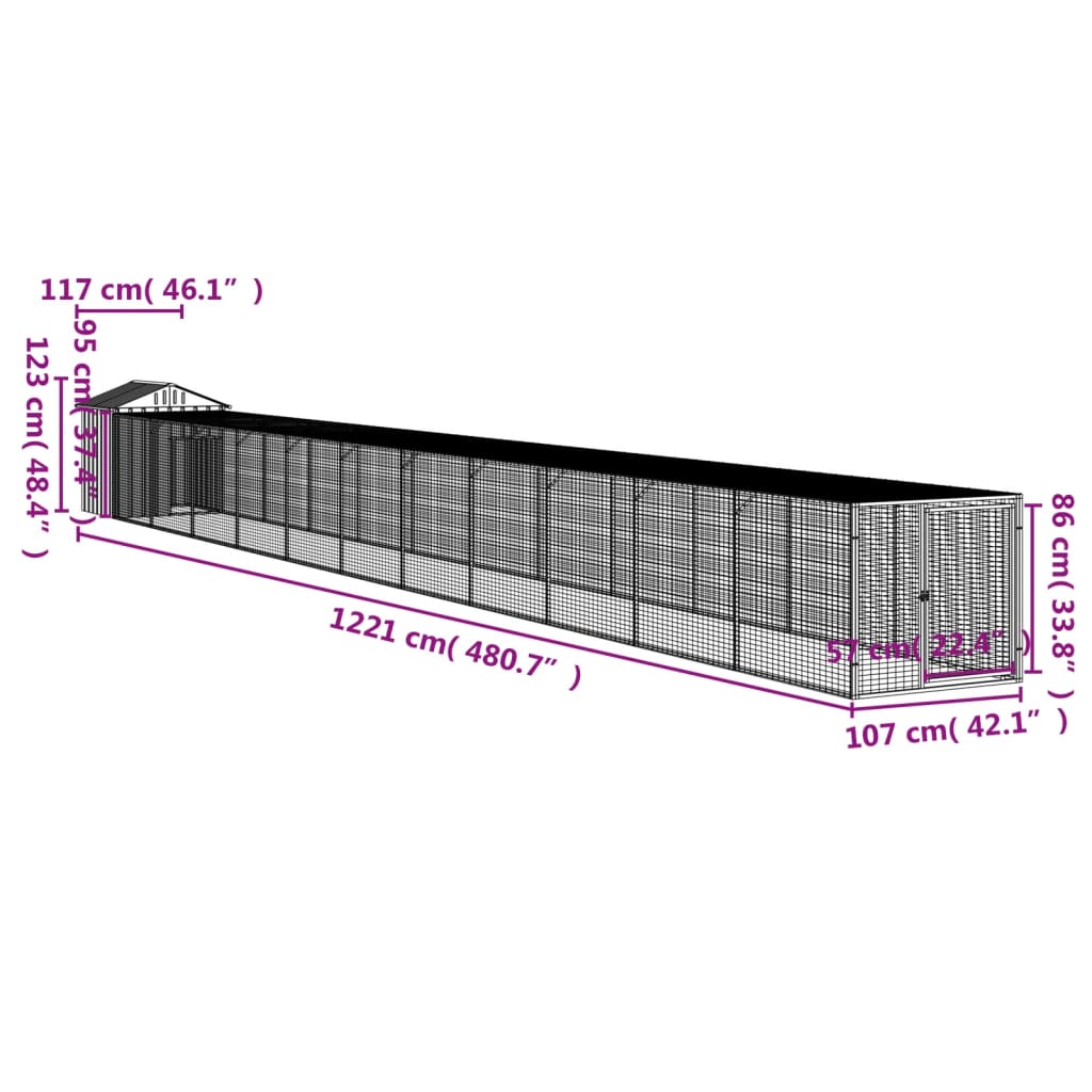 vidaXL Chicken Cage with Run Light Grey 117x1221x123 cm Galvanised Steel