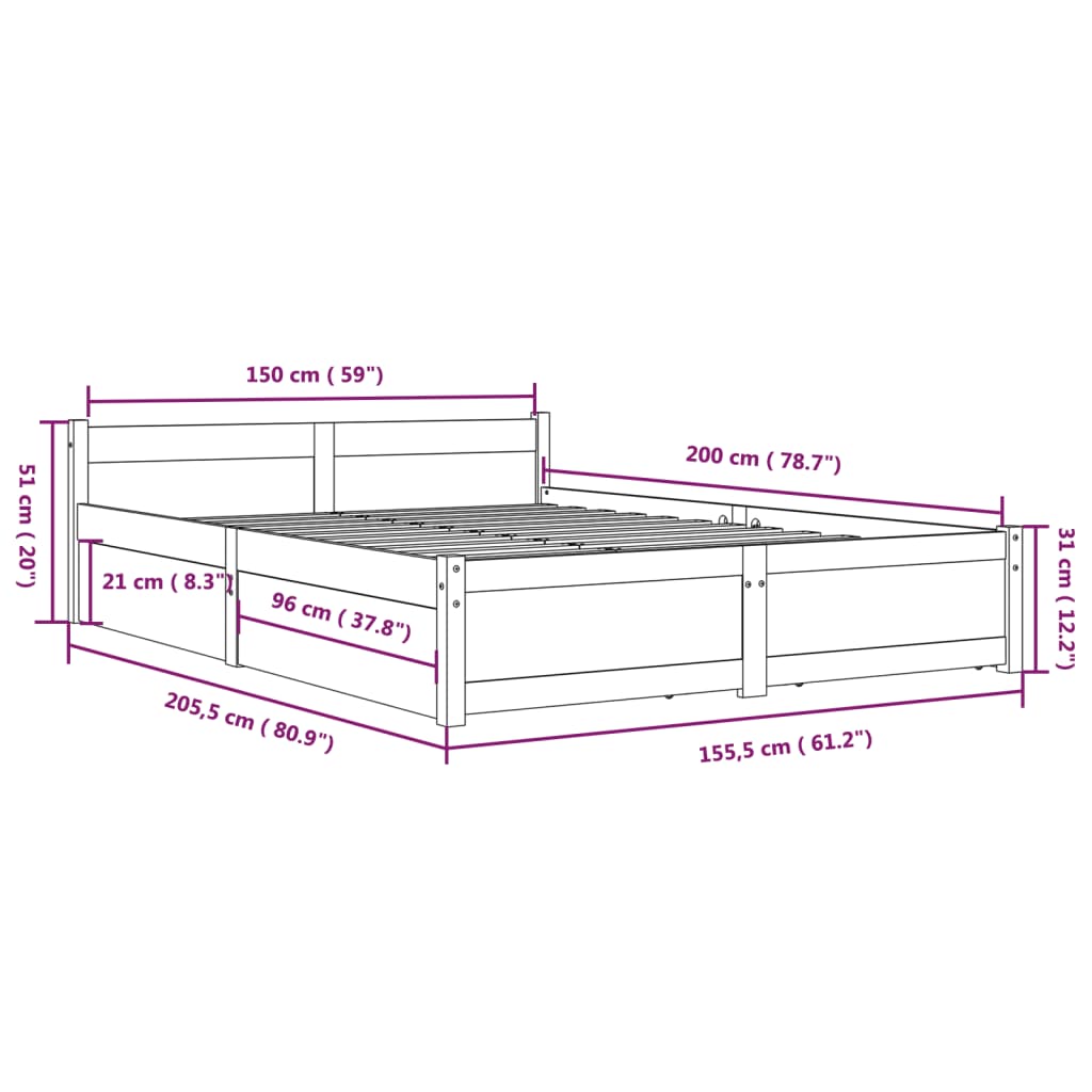 vidaXL Bed Frame without Mattress with Drawers Grey King Size