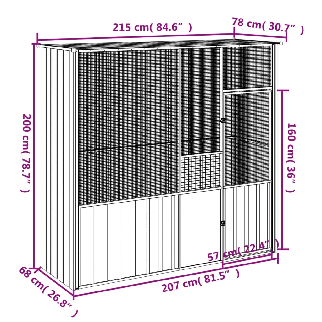 vidaXL Bird Cage Grey 215x78x200 cm Galvanised Steel