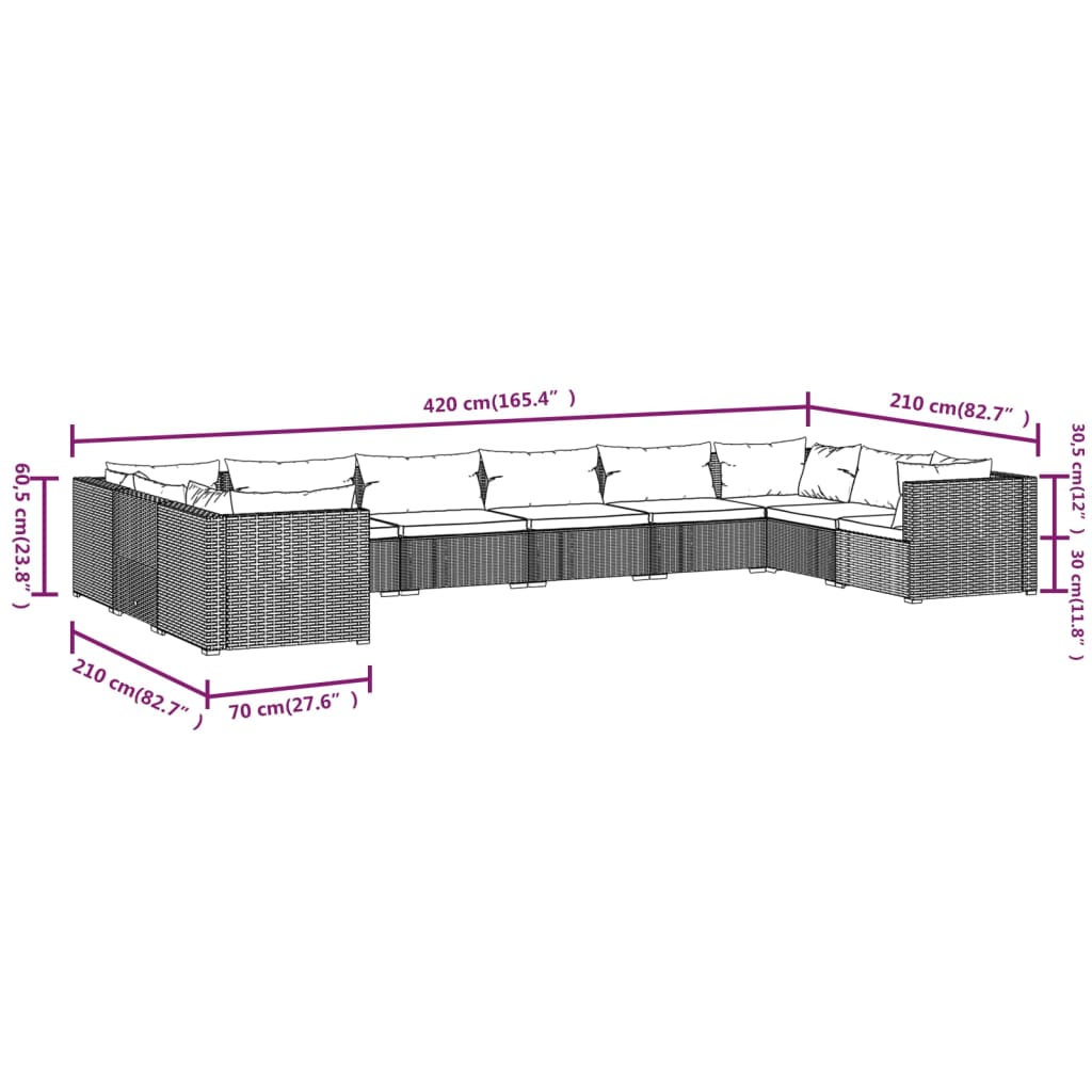 vidaXL 10 Piece Garden Lounge Set with Cushions Poly Rattan Grey