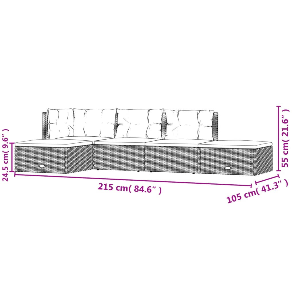 vidaXL 5 Piece Garden Lounge Set with Cushions Grey Poly Rattan