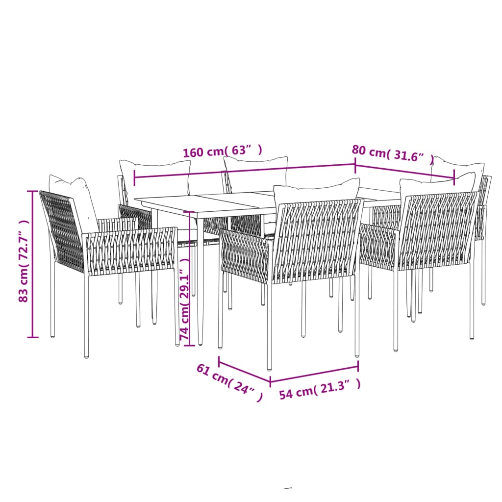 vidaXL 7 Piece Garden Dining Set with Cushions Poly Rattan and Steel