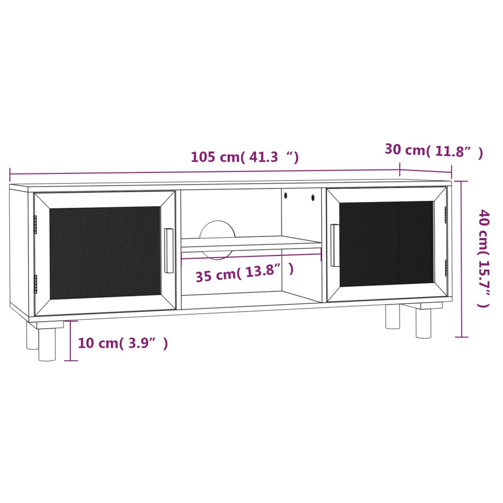 vidaXL TV Cabinet White 105x30x40 cm Solid Wood Pine&Natural Rattan