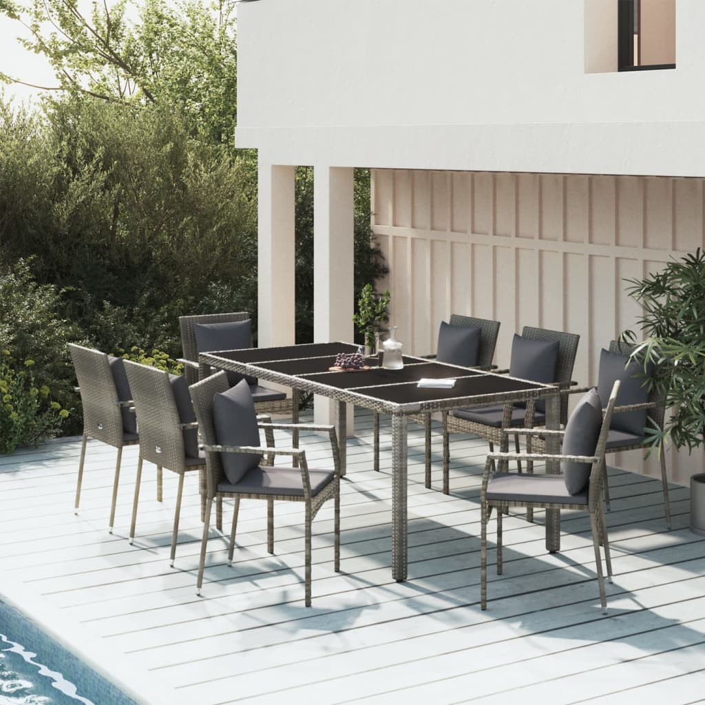 vidaXL 9 Piece Garden Dining Set with Cushions Grey Poly Rattan