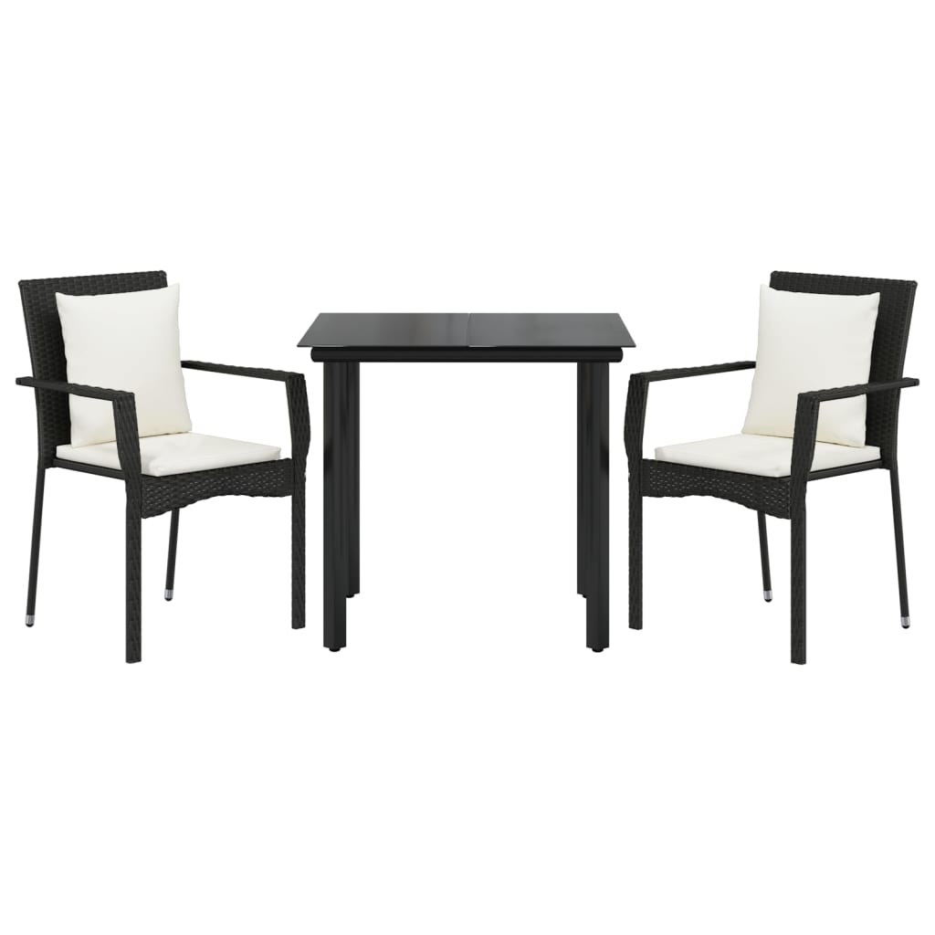 vidaXL 3 Piece Garden Dining Set with Cushions Black Poly Rattan