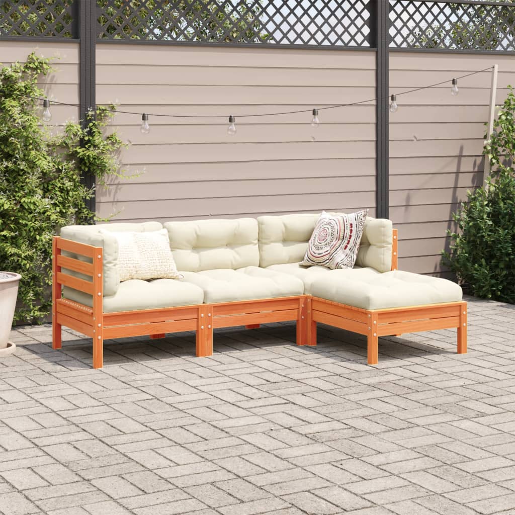 vidaXL 4 Piece Garden Sofa Set with Cushions Wax Brown Solid Wood Pine