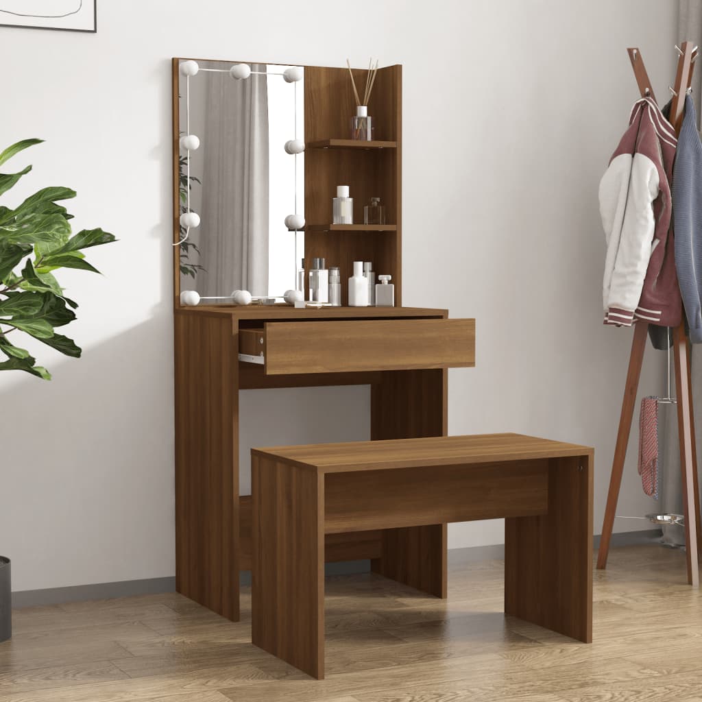 vidaXL Dressing Table Set with LED Brown Oak Engineered Wood