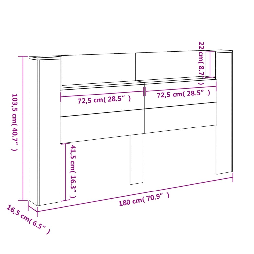 vidaXL Headboard Cabinet with LED Black 180x16.5x103.5 cm