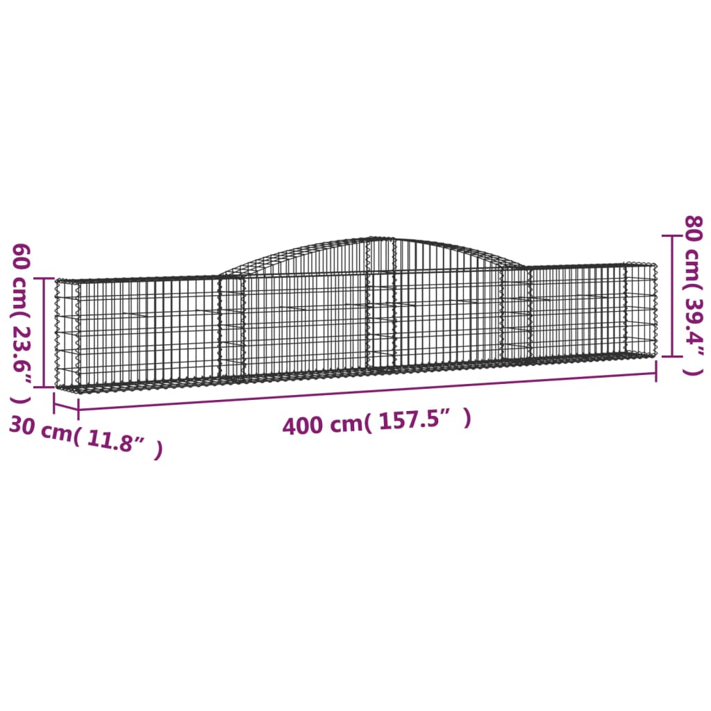 vidaXL Arched Gabion Basket 400x30x60/80 cm Galvanised Iron