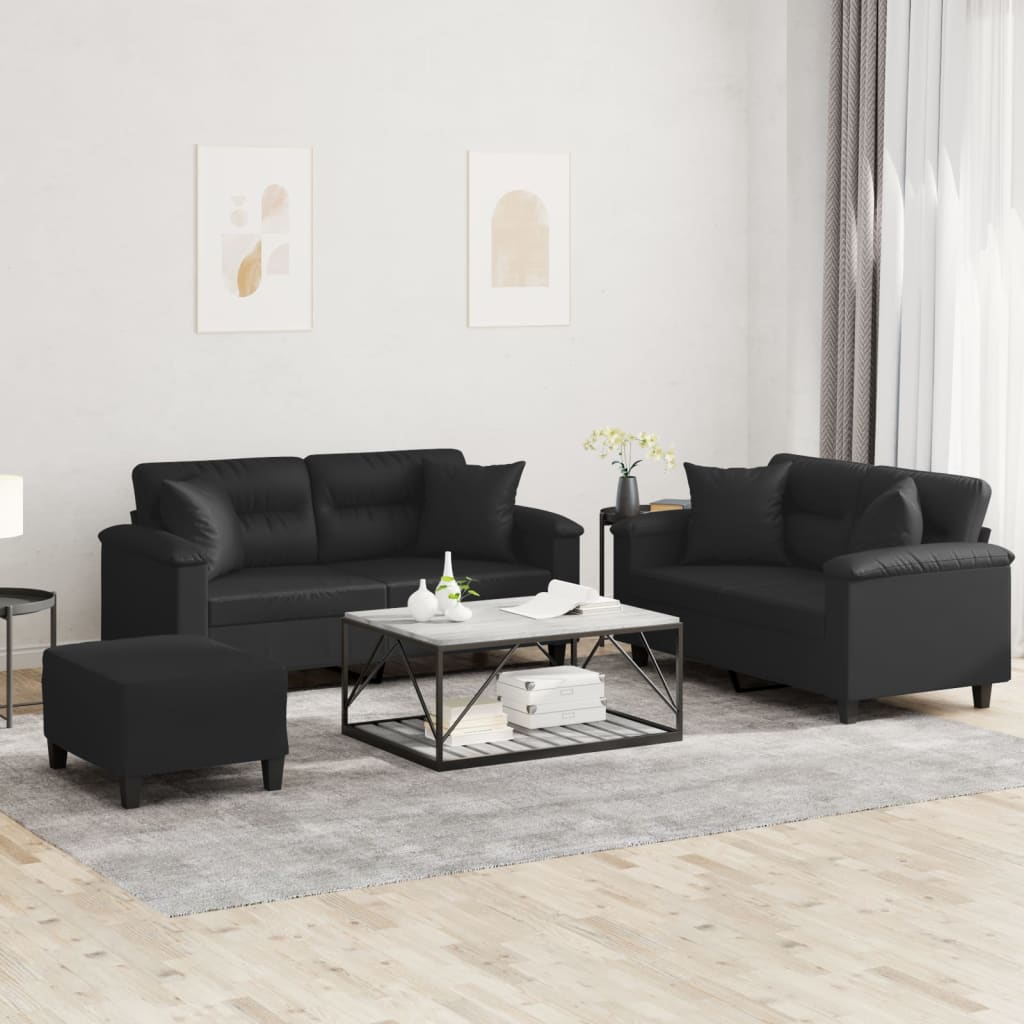 vidaXL 3 Piece Sofa Set with Pillows Black Faux Leather