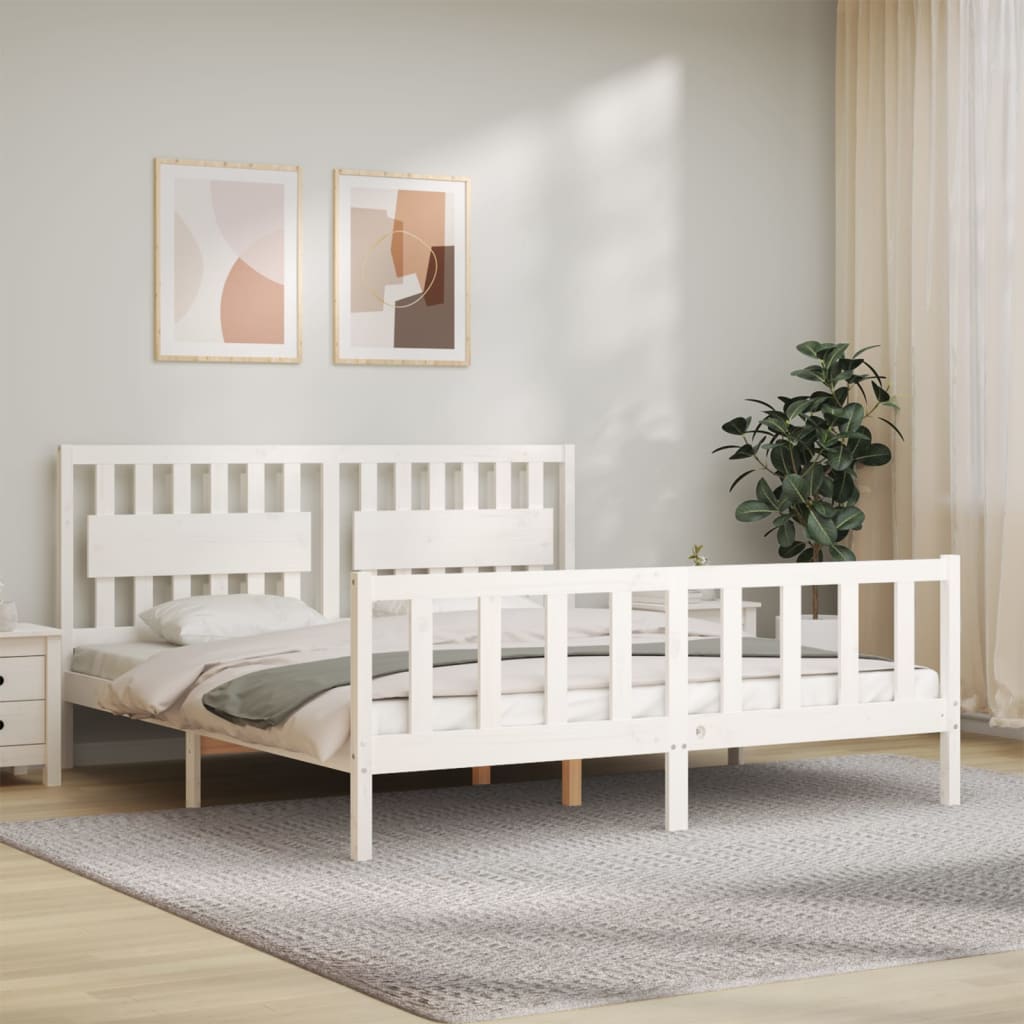 vidaXL Bed Frame with Headboard White Super King Size Solid Wood