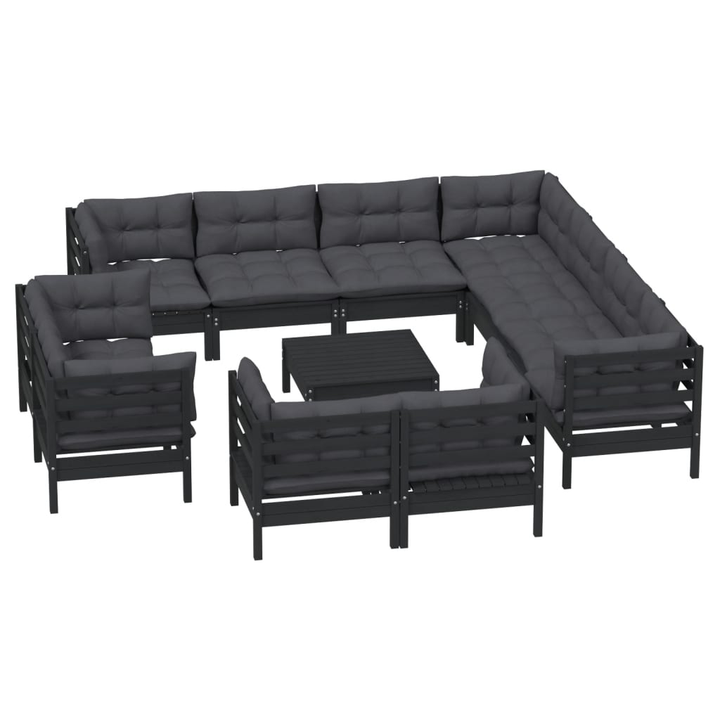 vidaXL 12 Piece Garden Lounge Set with Cushions Black Solid Pinewood