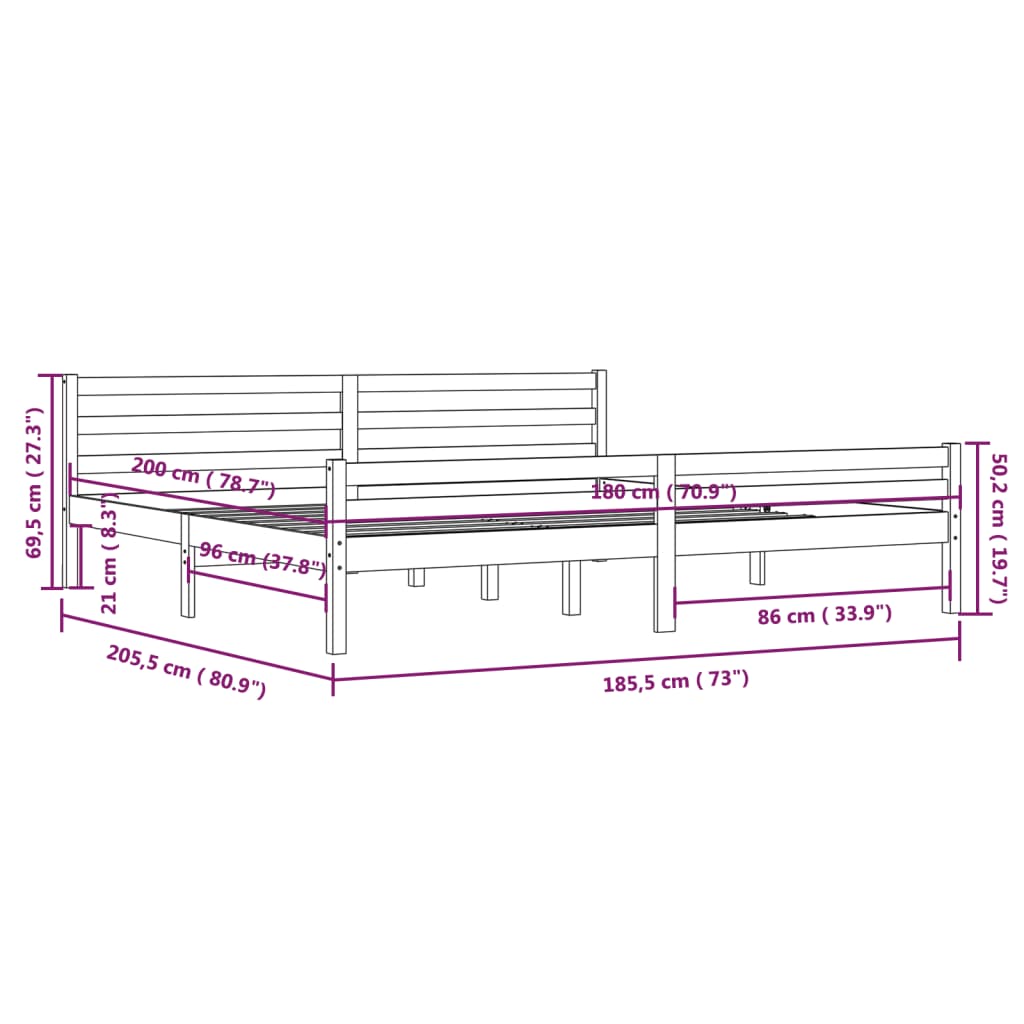 vidaXL Bed Frame without Mattress Grey Solid Wood 180x200 cm Super King