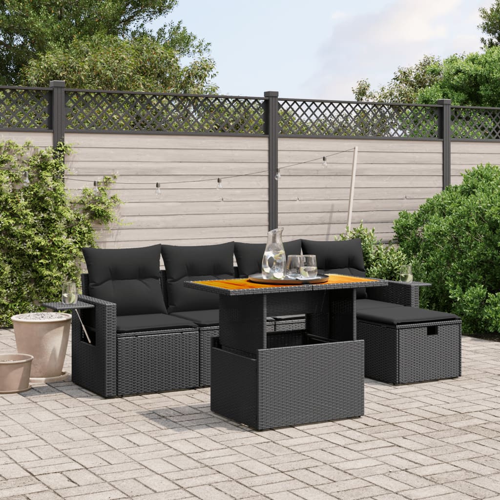 vidaXL 6 Piece Garden Sofa Set with Cushions Black Poly Rattan