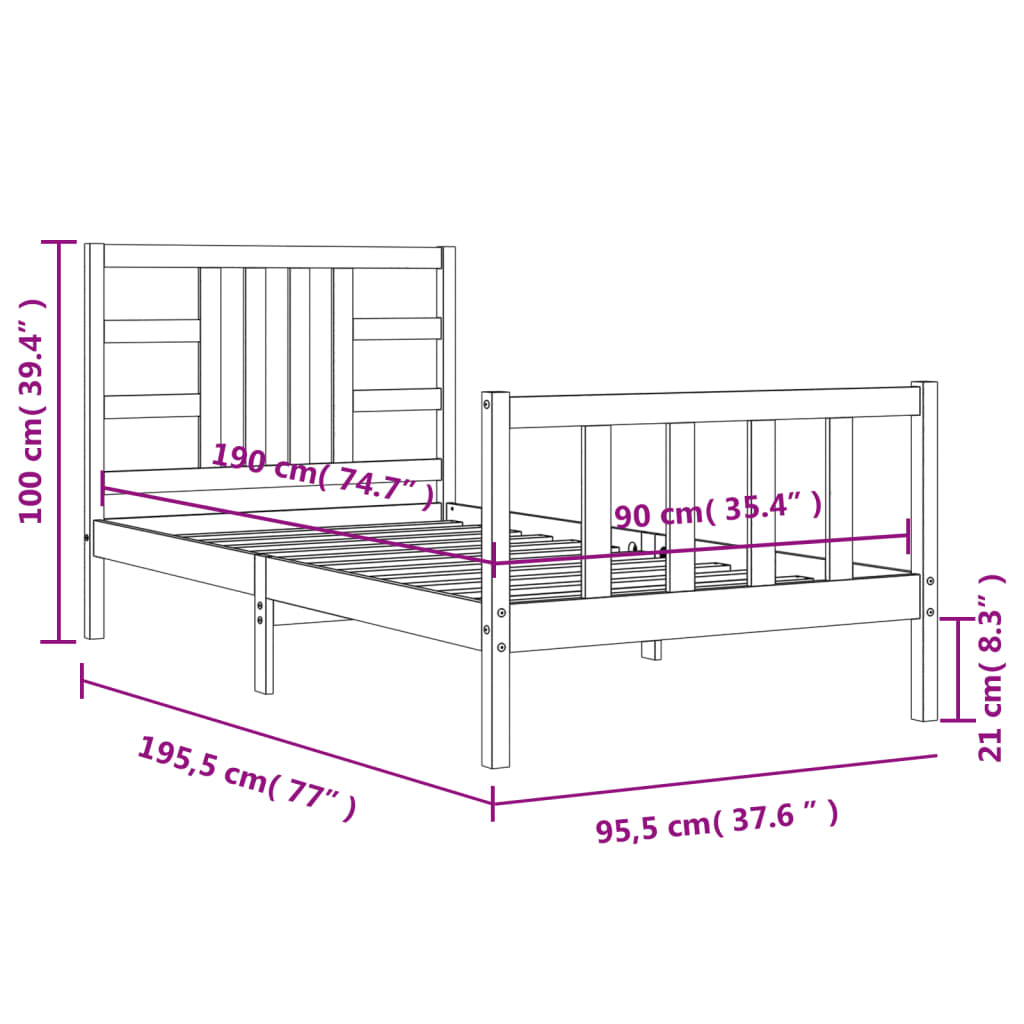 vidaXL Bed Frame without Mattress Black 90x190 cm Single Solid Wood Pine