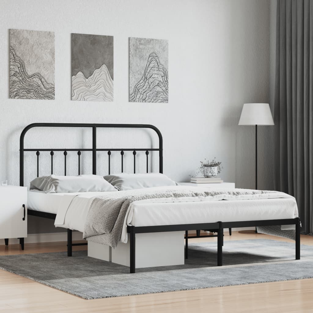 vidaXL Metal Bed Frame without Mattress with Headboard Black 135x190 cm Double