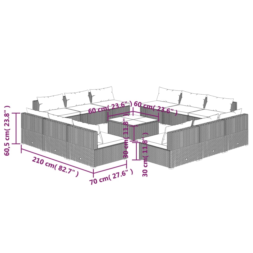 vidaXL 13 Piece Garden Lounge Set with Cushions Poly Rattan Grey