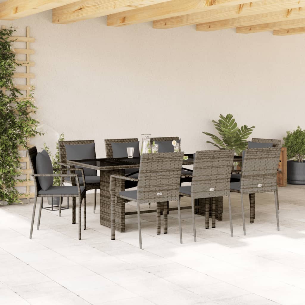 vidaXL 9 Piece Garden Dining Set with Cushions Grey Poly Rattan