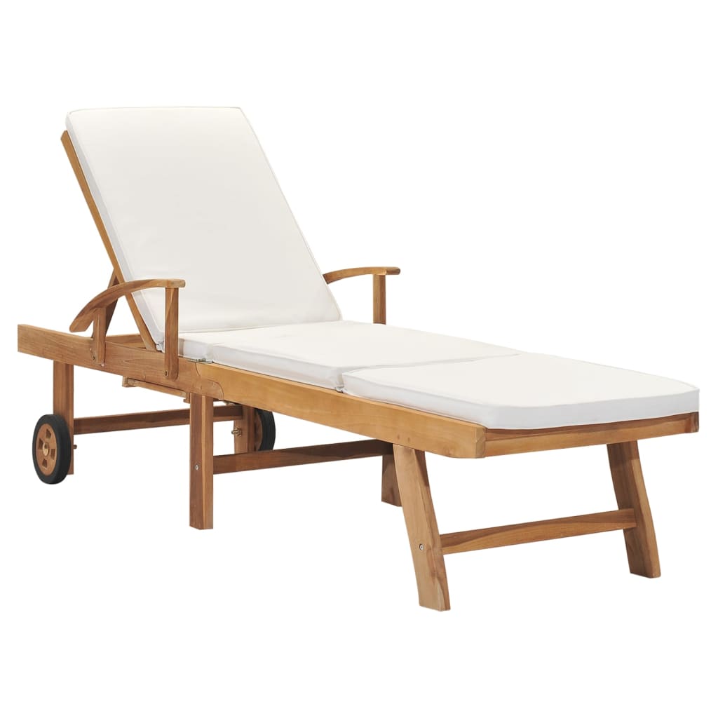 vidaXL Sun Lounger with Cushion Solid Teak Wood Cream