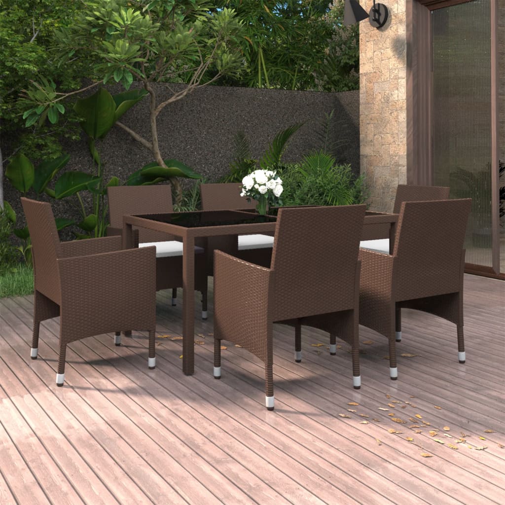 vidaXL 7 Piece Garden Dining Set Poly Rattan and Tempered Glass Brown