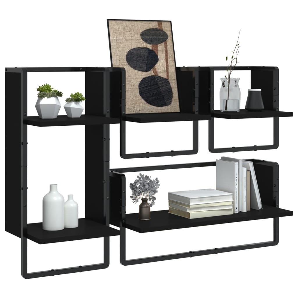 vidaXL 4 Piece Wall Shelf Set with Bars Black Engineered Wood