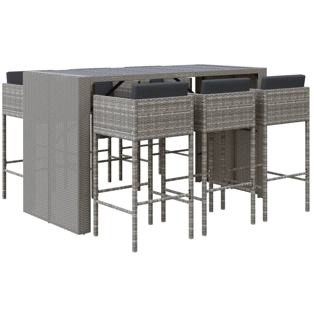 vidaXL 7 Piece Garden Bar Set with Cushions Grey Poly Rattan