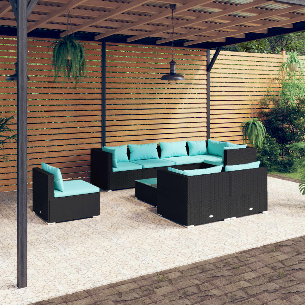 vidaXL 9 Piece Garden Lounge Set with Cushions Poly Rattan Black