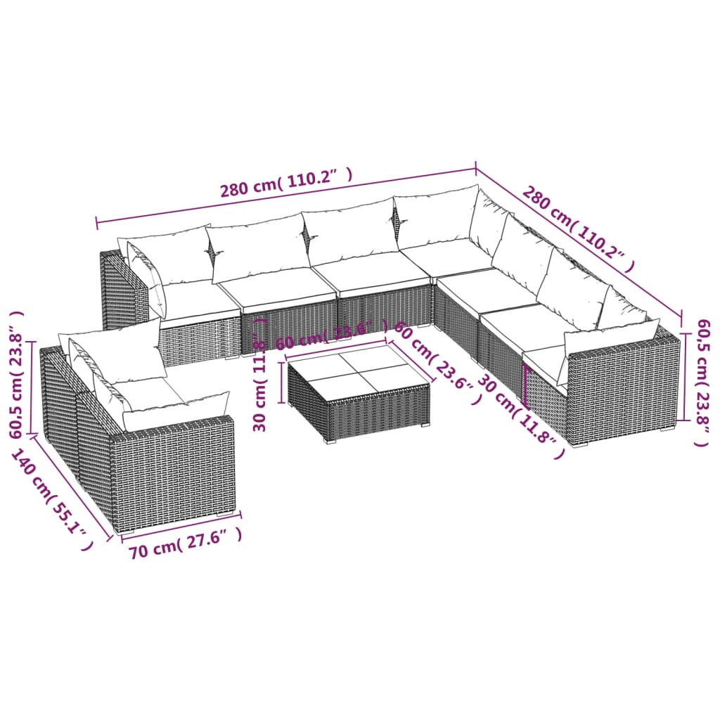 vidaXL 10 Piece Garden Lounge Set with Cushions Black Poly Rattan