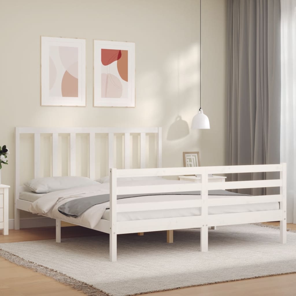 vidaXL Bed Frame with Headboard White King Size Solid Wood