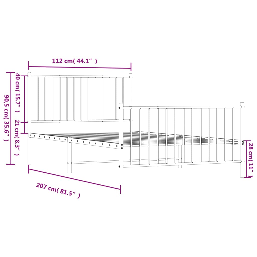 vidaXL Metal Bed Frame with Headboard and Footboard White 107x203 cm