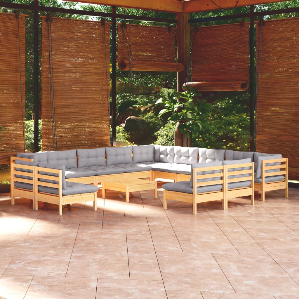 vidaXL 14 Piece Garden Lounge Set with Grey Cushions Solid Pinewood